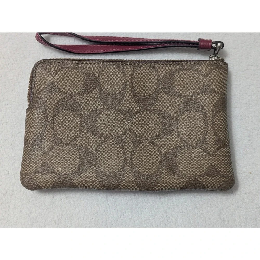 COACH Corner Zip Wristlet Khaki Coated Canvas w/Cherry Leather Vertical Stripe